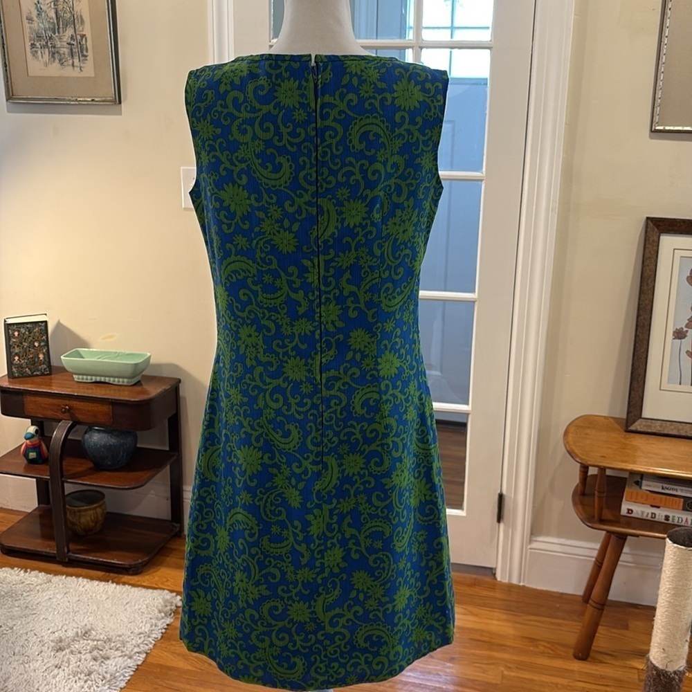 Vintage Eve Carver sleeveless dress. Dark blue with green design. Size M. - Picture 4 of 8